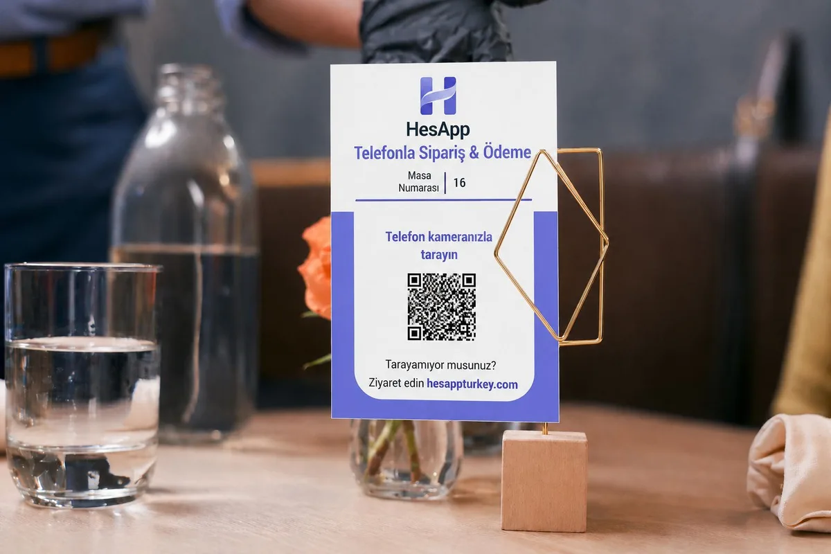 Restoran masasında HesApp QR standı; müşteri telefonuyla menü ve masadan ödeme ekranına geçiyor.