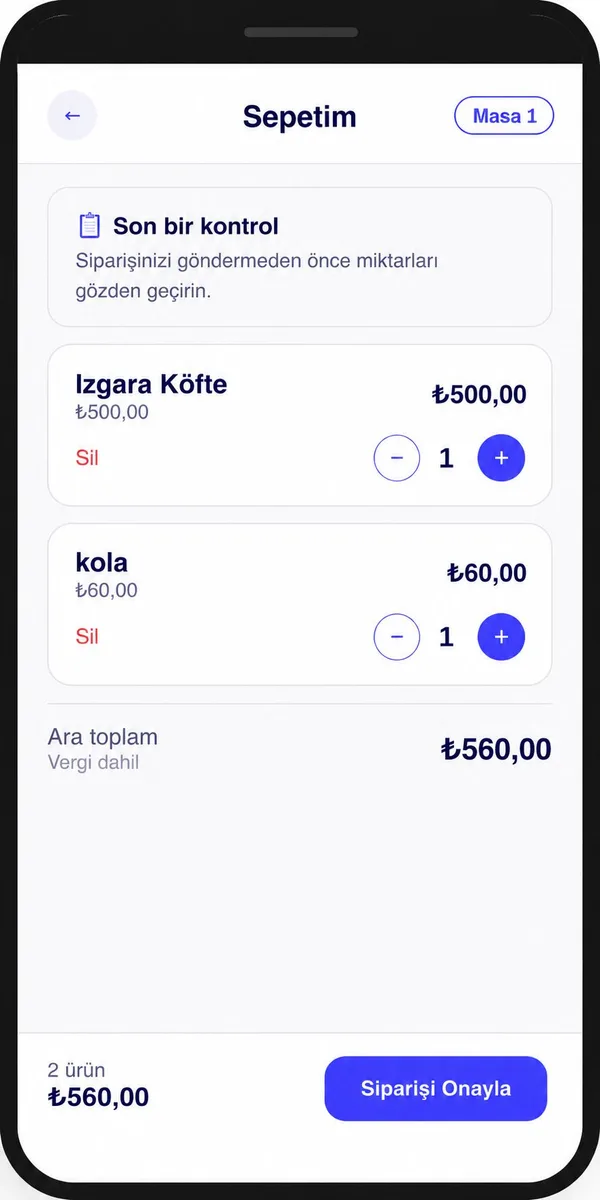 HesApp sepet ekranı: ürün satırları, adet ve ara toplam.