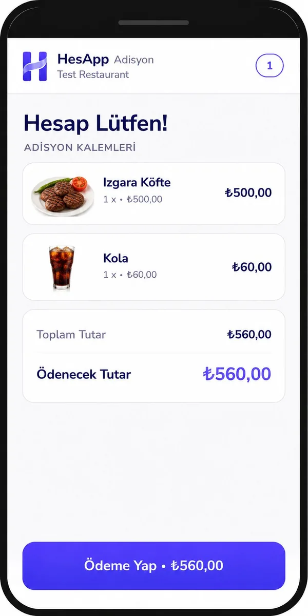 HesApp adisyon özeti: kalemler, ödemeler ve kalan tutar.