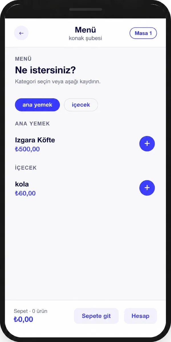 HesApp dijital menü: kategori sekmeleri ve ürün listesi.