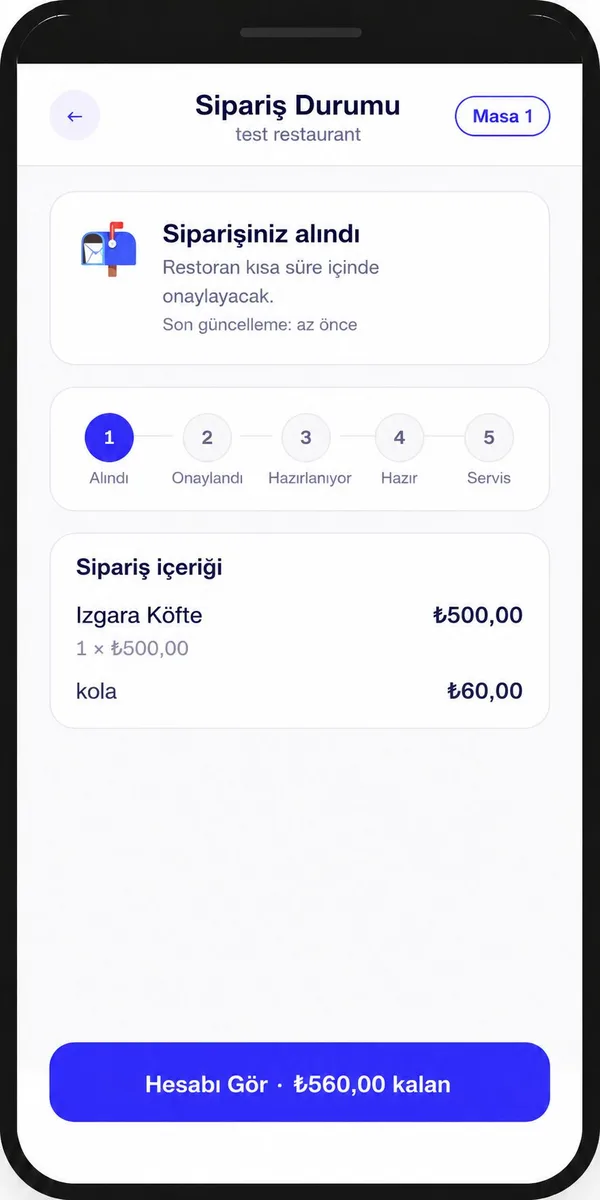 HesApp sipariş durumu: hazırlık ve servis aşamalarının gösterimi.