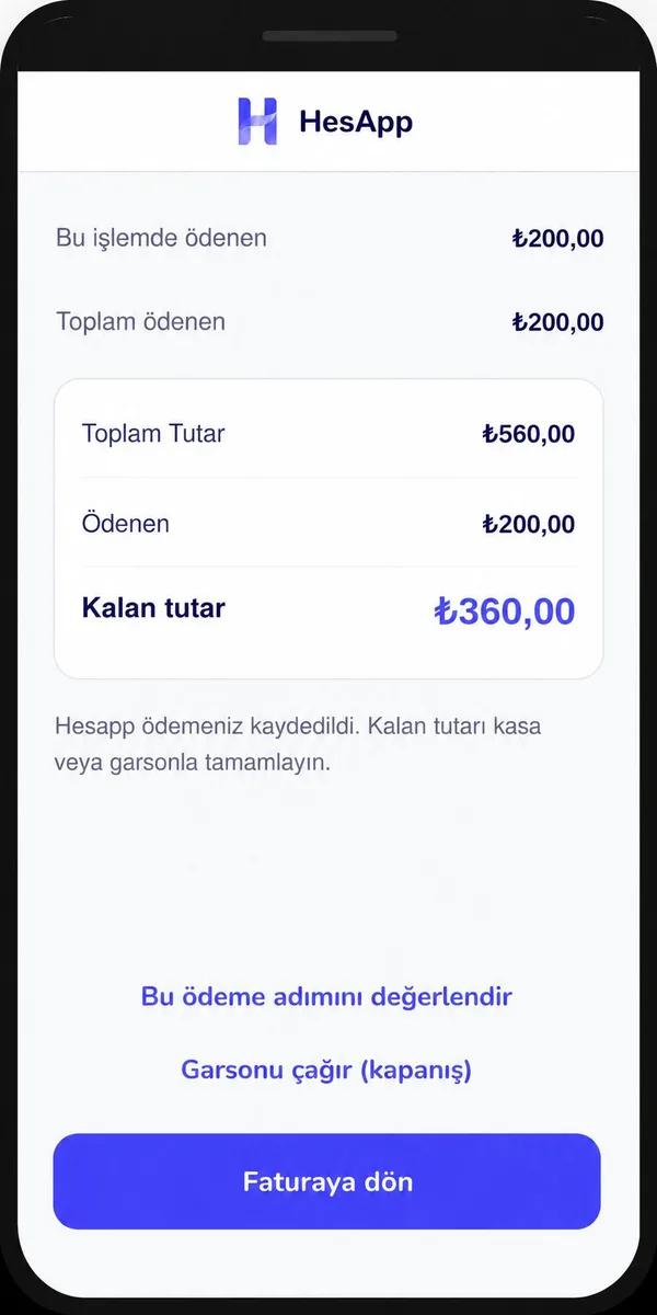 HesApp ödeme onayı ve kapanış ekranı: başarılı işlem özeti.