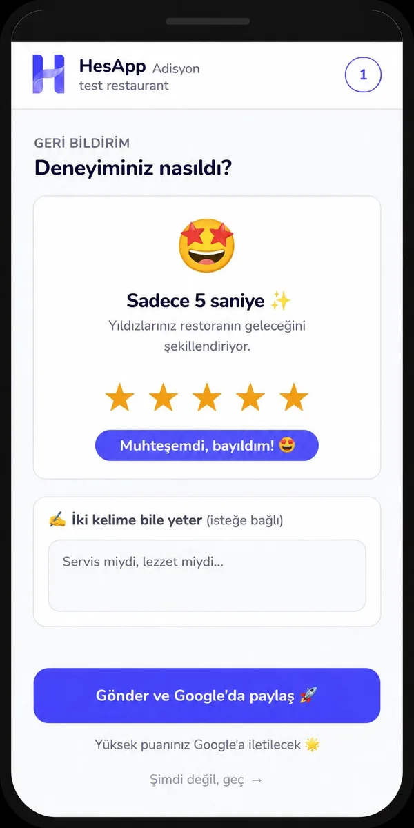 HesApp değerlendirme: yıldız puanı ve Google yorumuna geçiş.