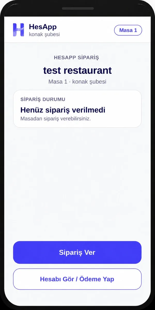 HesApp masa ana ekranı: masa bilgisi, garson çağırma ve menüye git aksiyonları.