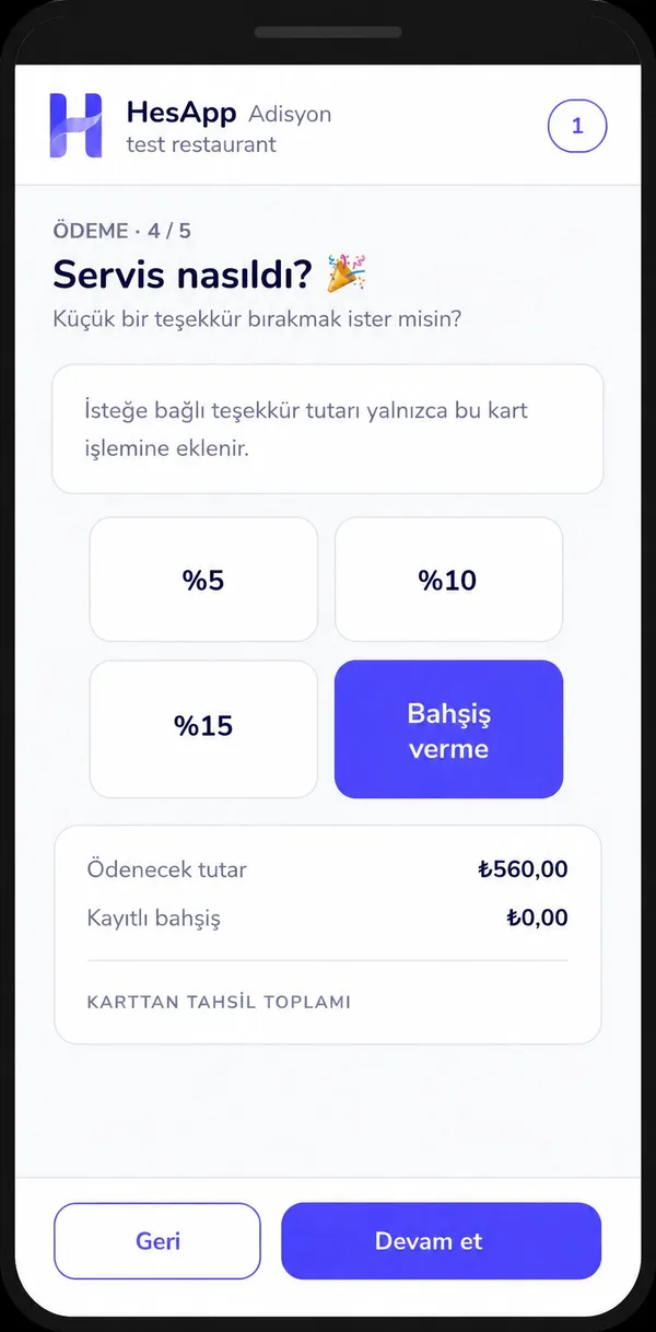HesApp ödeme ve bahşiş: kart bilgisi alanı ve bahşiş yüzdeleri.