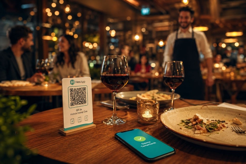 Guest paying at a restaurant table with a HesApp QR stand